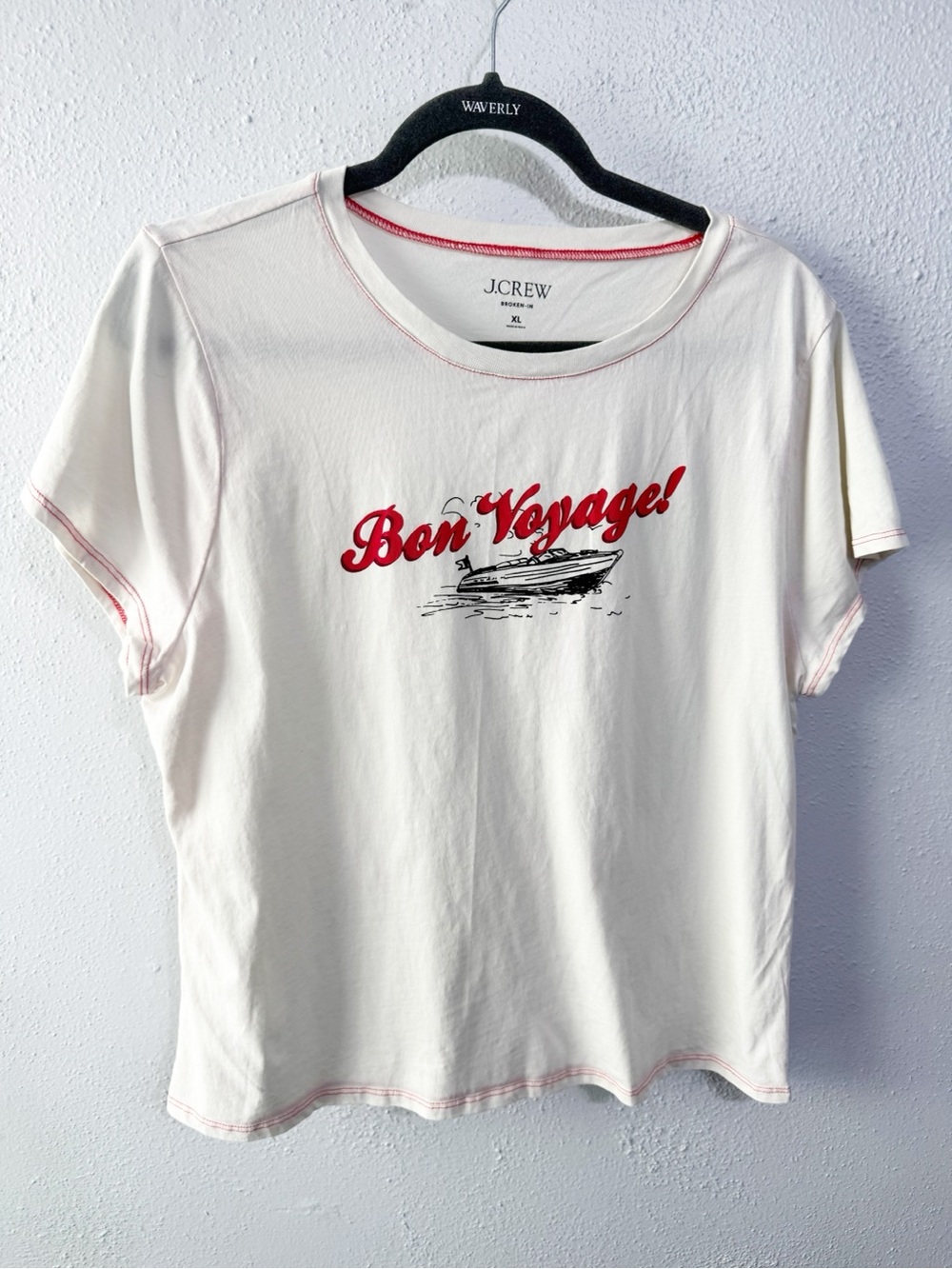 J. Crew Cream Tee with Red 'Bon Voyage' Graphic xl